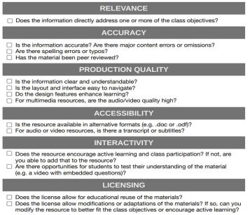partial screenshot of the Faculty Evaluating Open Educational Resources rubric